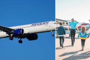 Αεροσκάφος της AEGEAN και οικογένεια που ταξιδεύει