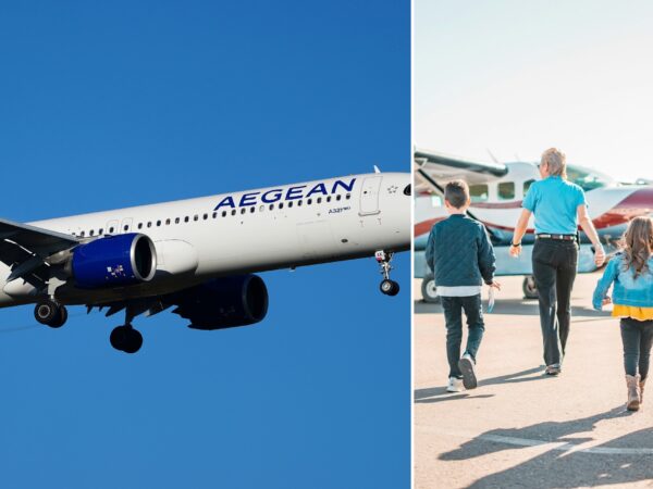 Αεροσκάφος της AEGEAN και οικογένεια που ταξιδεύει